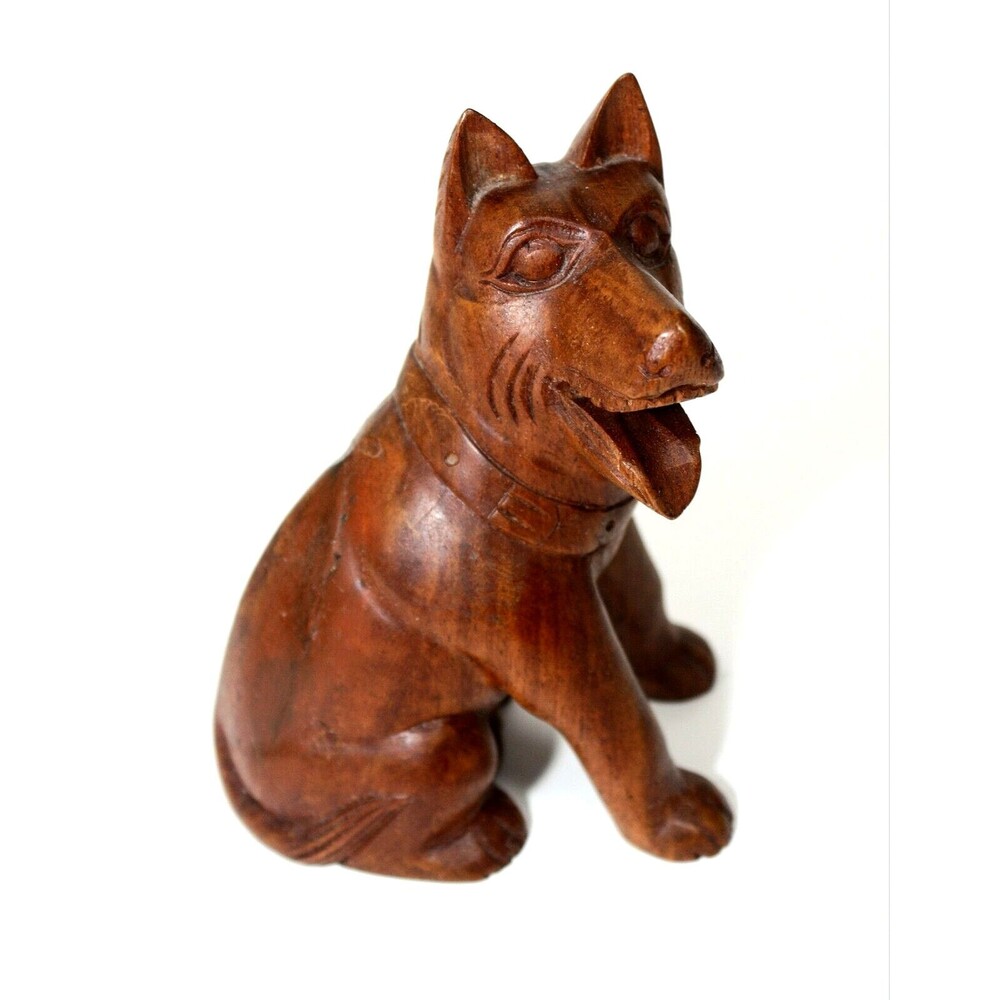Vintage Carved Wood Wooden Dog Figurine German Shepherd Brown 5 1/2" ESTATE #04